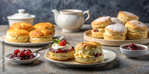 Scones, tea cakes, jam, clotted cream, British teatime treats on grey background with copy space