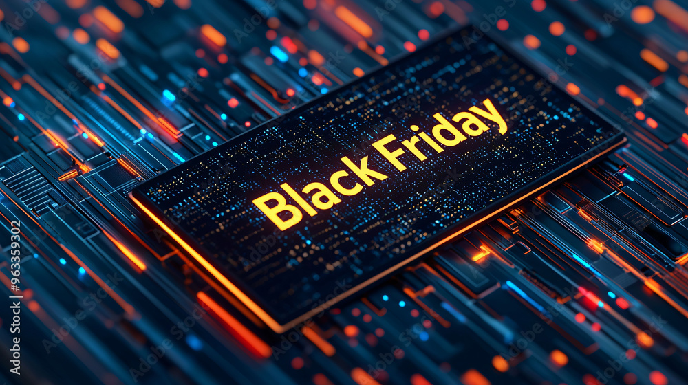 Obraz premium Black Friday sign in glowing gold on cyber themed background, showcasing vibrant colors and digital patterns.