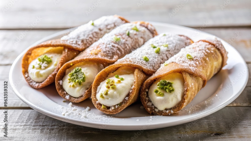 Traditional Italian cannoli siciliani stuffed with creamy ricotta cheese filling on a white plate Traditional Italian cannoli siciliani stuffed with creamy ricotta cheese filling on a white plate