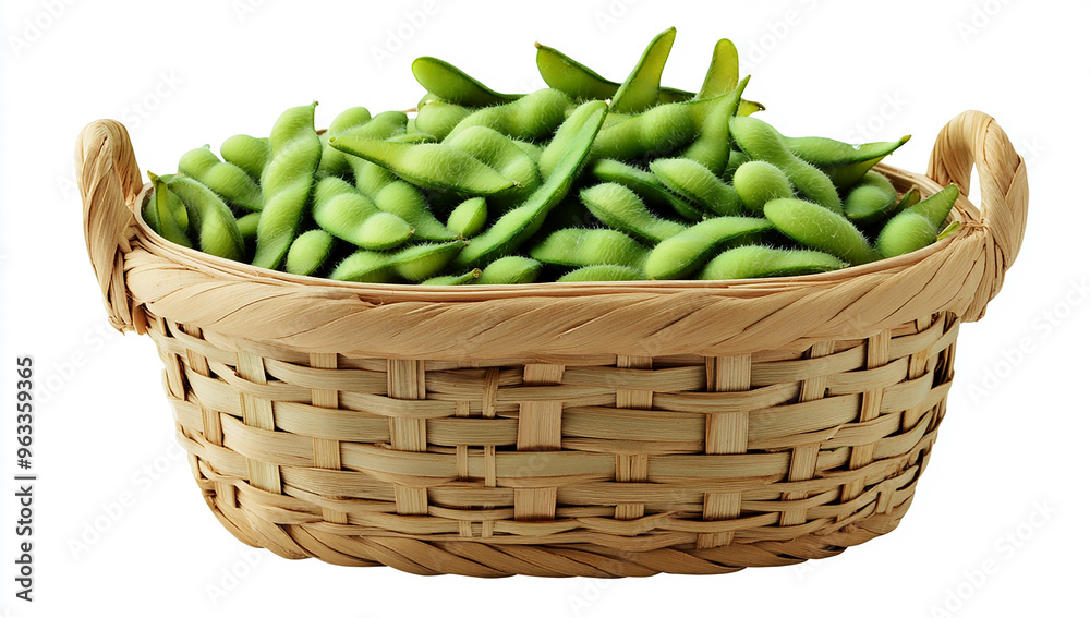 A bamboo basket filled with edamame beans, isolated on a white background A bamboo basket filled with edamame beans, isolated on a white background