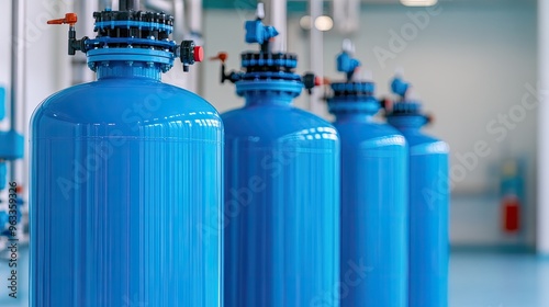 Industrial blue gas cylinders lined up in a modern facility, showcasing clean design and efficient storage solutions.