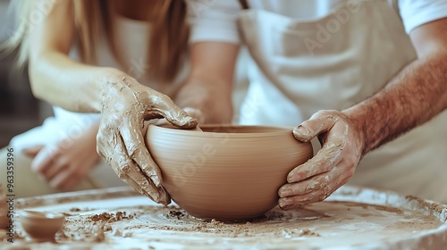 couple focused on crafting a pottery bowl