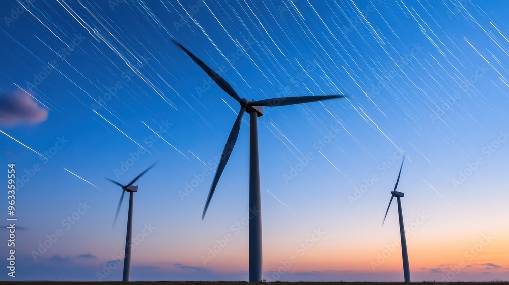 A stunning view of wind turbines spinning under a starry night sky, showcasing renewable energy and natural beauty. A stunning view of wind turbines spinning under a starry night sky, showcasing renewable energy and natural beauty.