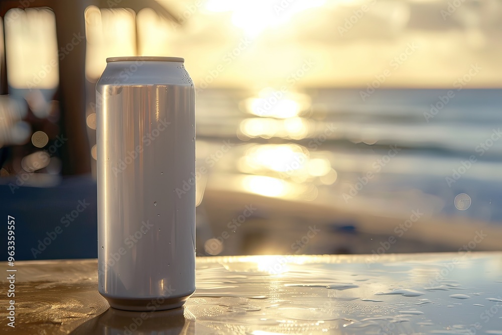 Aluminum can with a drink, stands on the background of the beach and the sea. Mockup of a can with soda, beer, drink