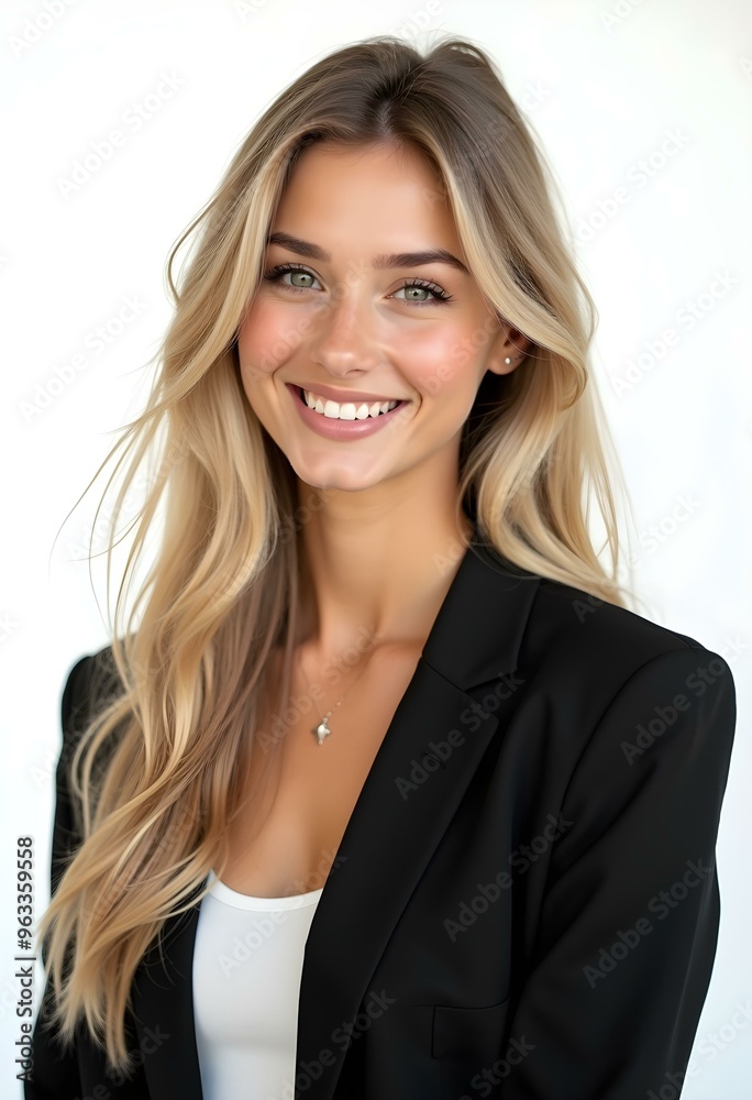 A young, Caucasian woman with long, wavy blonde hair and a bright, friendly smile wearing a black blazer A young, Caucasian woman with long, wavy blonde hair and a bright, friendly smile wearing a black blazer