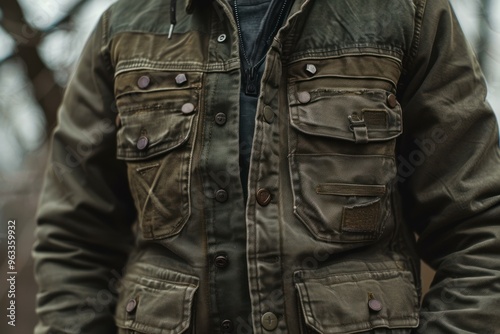 Hunter wearing green hunting jacket with lots of pockets, standing in the woods