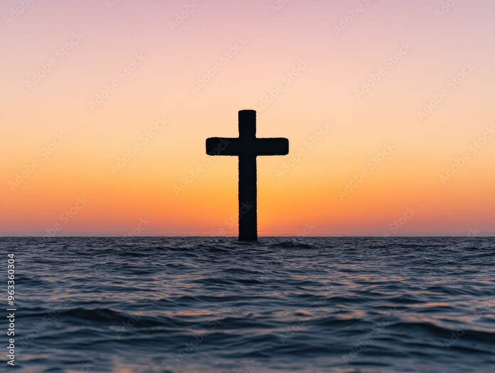 A serene sunset over the ocean features a silhouetted cross rising from the water, symbolizing faith and hope. A serene sunset over the ocean features a silhouetted cross rising from the water, symbolizing faith and hope.