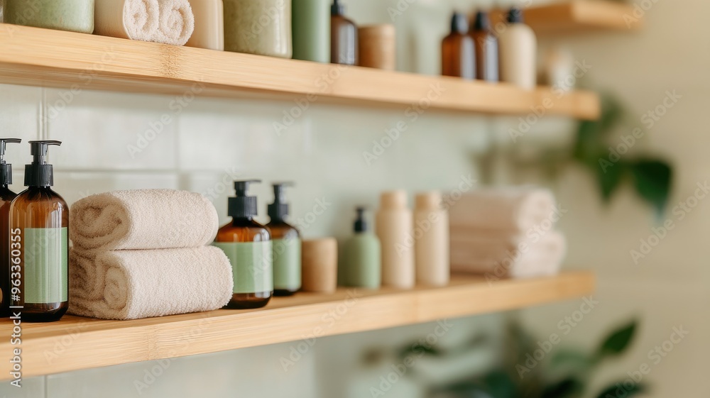 A serene display of natural skincare products and soft towels on a wooden shelf, perfect for wellness and relaxation themes. A serene display of natural skincare products and soft towels on a wooden shelf, perfect for wellness and relaxation themes.