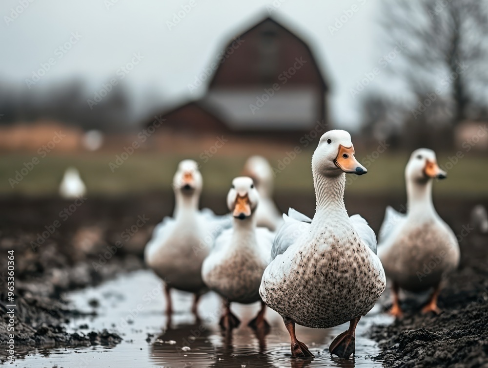 Fototapeta premium A charming group of ducks waddling through a muddy field, with a rustic barn in the background, creating a serene farm scene.