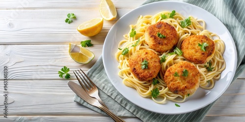 Top view of cod fish patties with pasta, served on a white plate