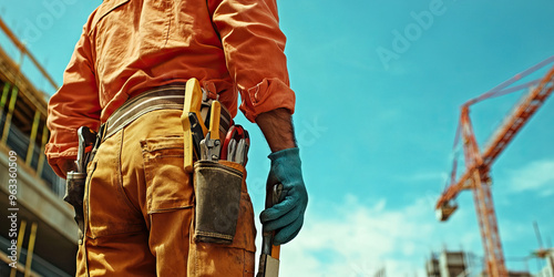 Builder's Sturdy Grip: A construction worker confidently holds a tool, with a building site visible in the background.