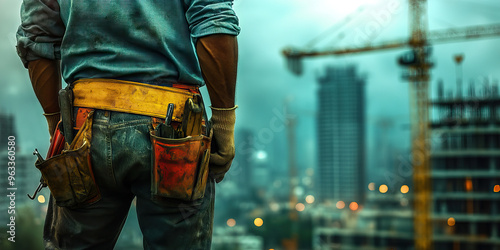 Builder's Sturdy Grip: A construction worker confidently holds a tool, with a building site visible in the background.