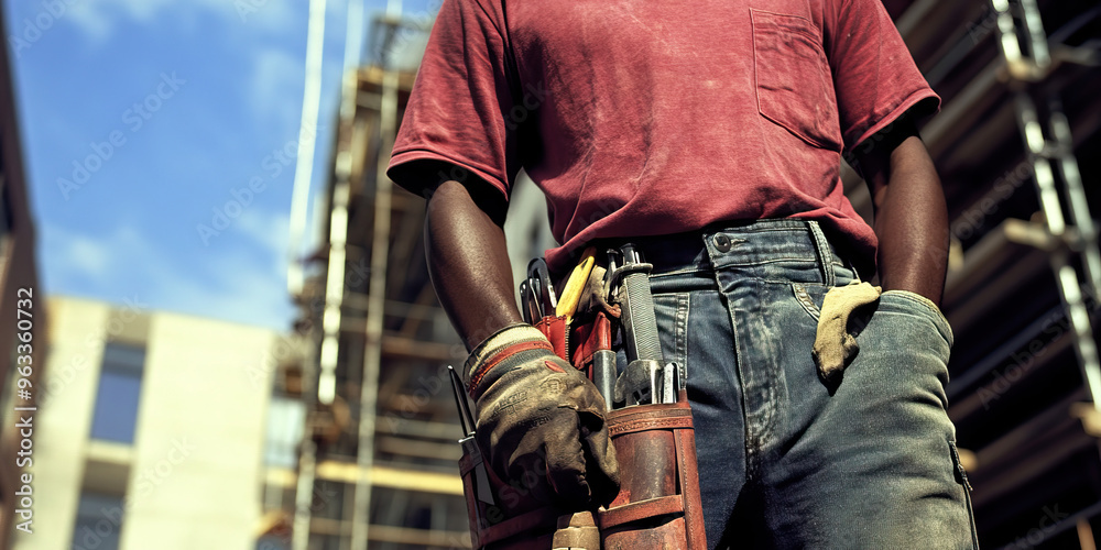 Builder's Sturdy Grip: A construction worker confidently holds a tool, with a building site visible in the background. Builder's Sturdy Grip: A construction worker confidently holds a tool, with a building site visible in the background.