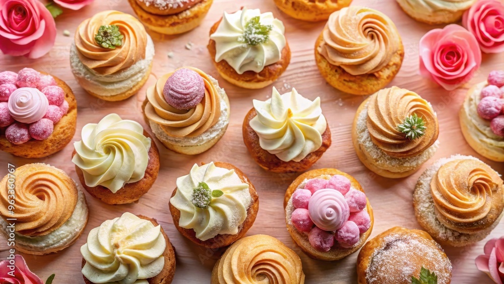 Assorted fresh cream puff cakes on a rose background top view Assorted fresh cream puff cakes on a rose background top view