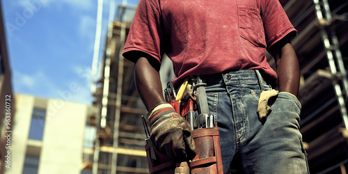 Builder's Sturdy Grip: A construction worker confidently holds a tool, with a building site visible in the background.