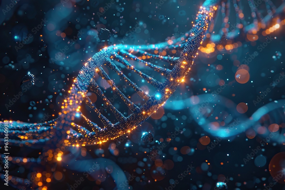 A vibrant, digital representation of DNA strands, showcasing intricate details and glowing elements, symbolizing life and genetics. A vibrant, digital representation of DNA strands, showcasing intricate details and glowing elements, symbolizing life and genetics.