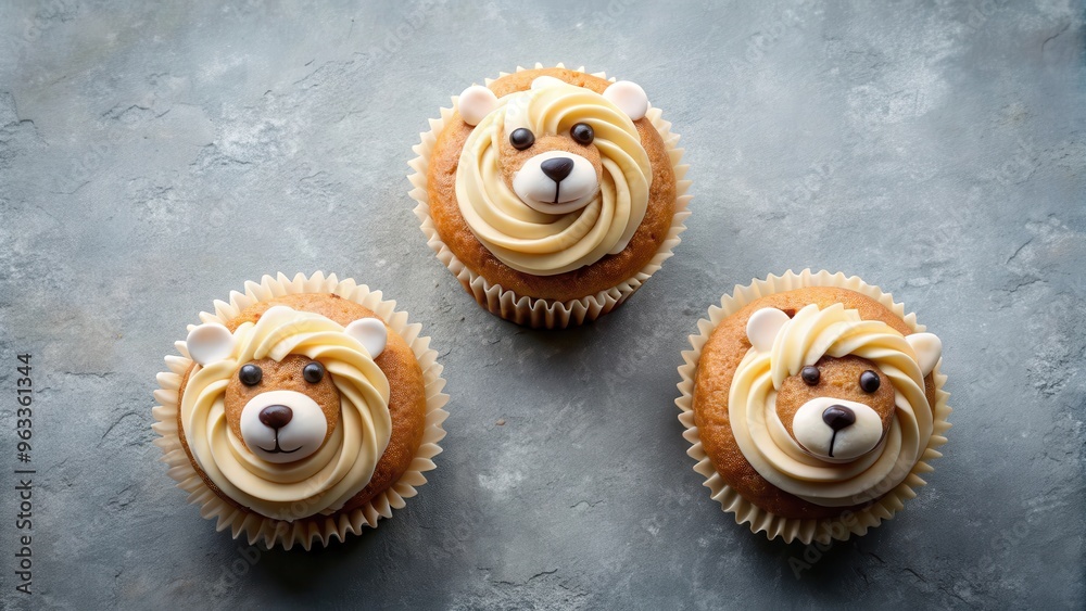 Top view of adorable bear-shaped cupcakes isolated on grey background Top view of adorable bear-shaped cupcakes isolated on grey background