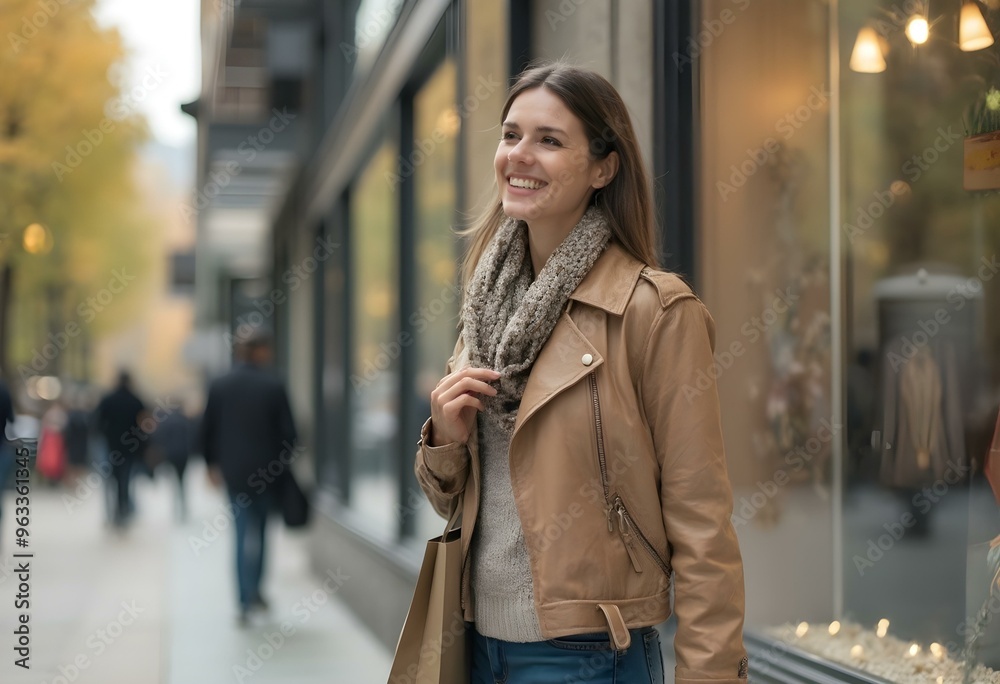 Happy woman with shopping bags looking at store windows while walking through city Happy woman with shopping bags looking at store windows while walking through city