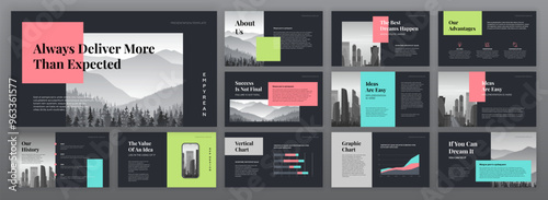 Creative Powerpoint presentation templates set. Modern Keynote presentation background, brochure cover design, website slider, brand guidelines, proposal, pitch deck, annual report, company profile.