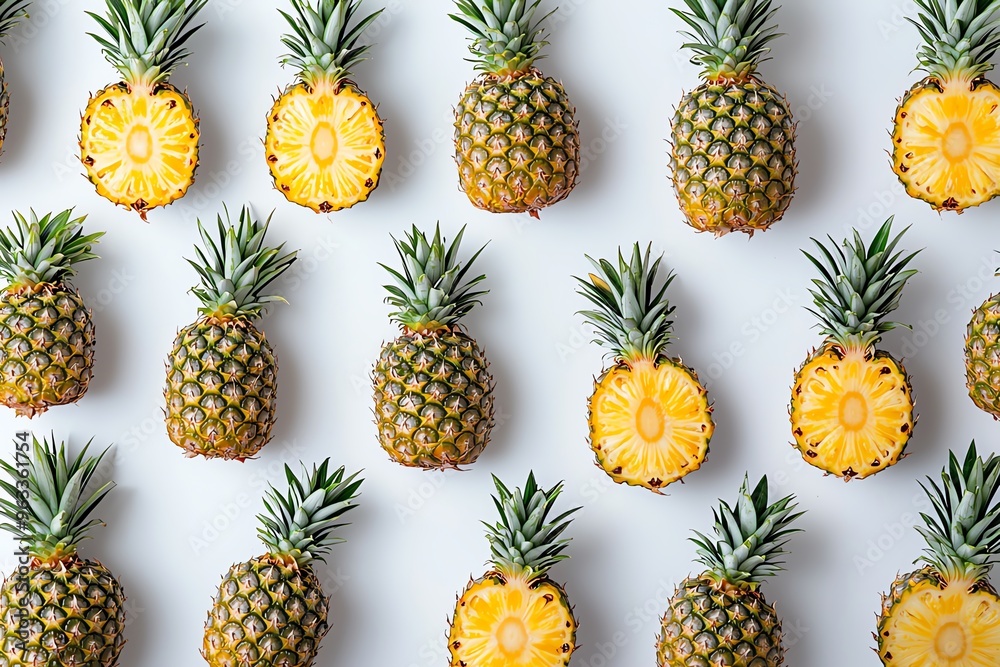 a whole view of multiple pineapples arranged on isolated white background, view from above, editorial photography a whole view of multiple pineapples arranged on isolated white background, view from above, editorial photography