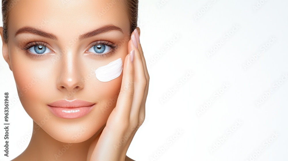 Radiant Beauty: Elegant Woman Applying Luxurious Skin Care Lotion on White Background Radiant Beauty: Elegant Woman Applying Luxurious Skin Care Lotion on White Background