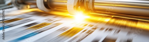 Dynamic close-up of a printing press in action, showcasing vibrant colors and a sense of motion in the printing process.