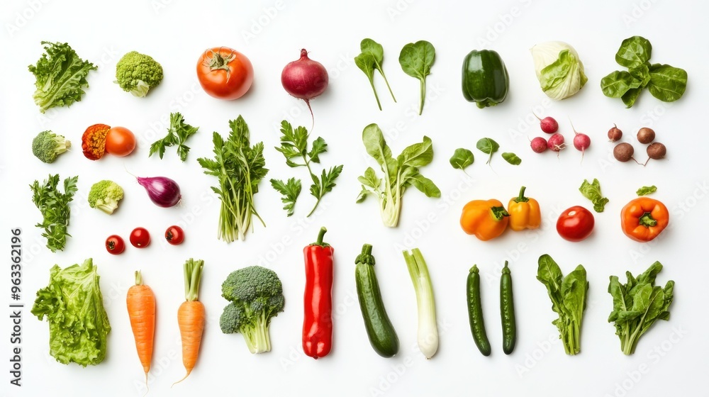 Assorted Fresh Vegetables Arranged on White Background Assorted Fresh Vegetables Arranged on White Background