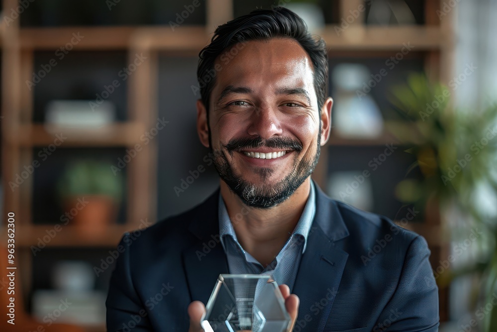 A proud businessman showing adoration, presenting an award to a colleague in a sleek office with a blank background, closeup shot, soft lighting, professional portrait style