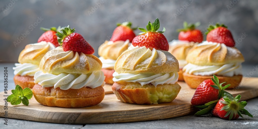 Cream puffs cakes filled with whipped cream, served with strawberries on a plateau Cream puffs cakes filled with whipped cream, served with strawberries on a plateau