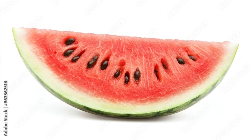A Single Watermelon Slice with Seeds Isolated on White Background A Single Watermelon Slice with Seeds Isolated on White Background