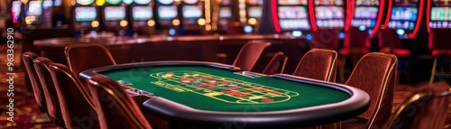 Vibrant casino interior featuring a roulette table and slot machines, creating an exciting gambling atmosphere.