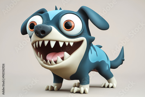 A 3D cartoon dog with a big grin, large eyes, and blue fur.
