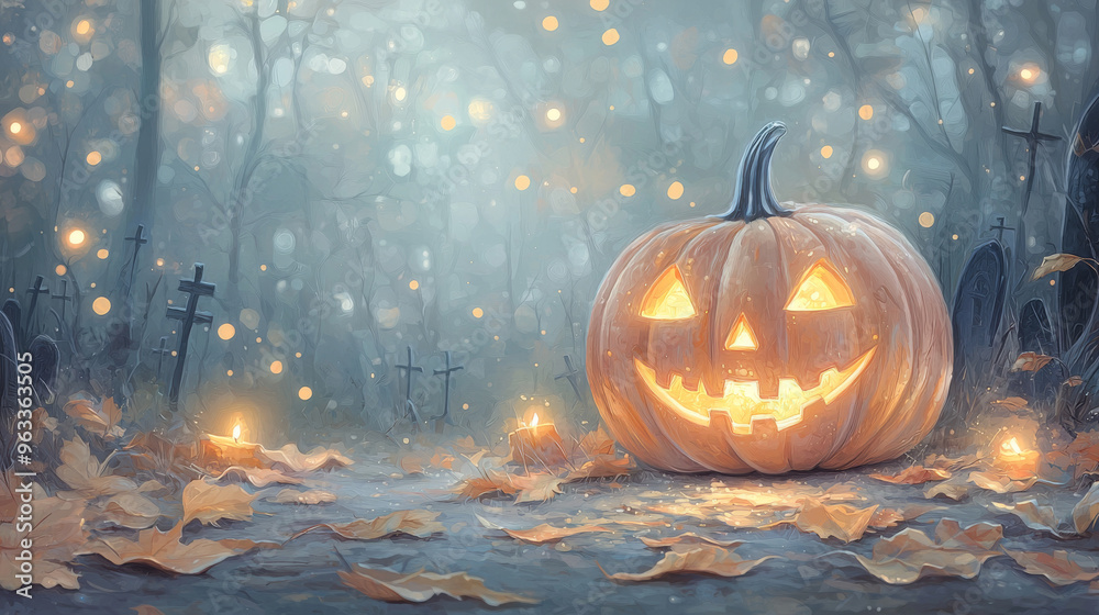 A glowing jack-o'-lantern sits in a spooky forest.