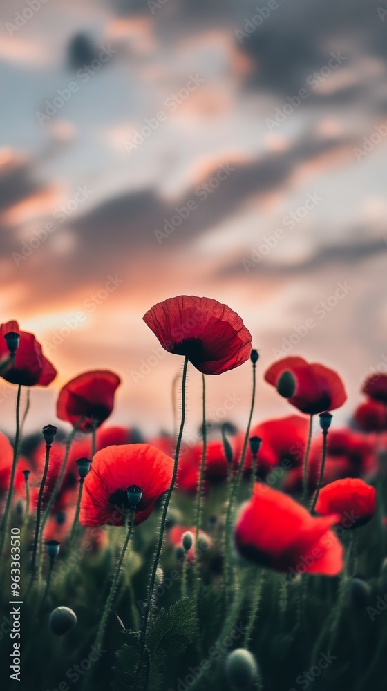 Obraz premium Field of red poppies at sunset