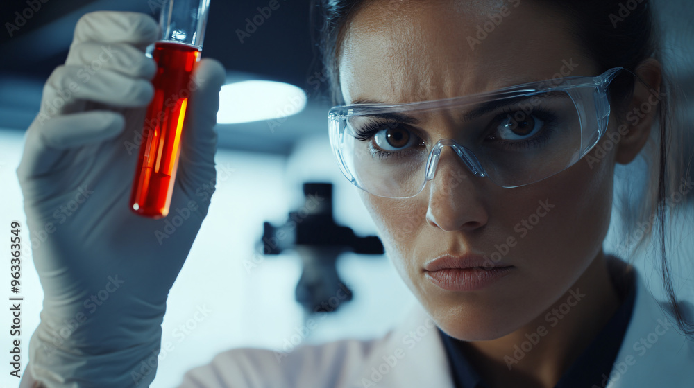 Female scientist in protective goggles holding a test tube with red liquid in a laboratory Female scientist in protective goggles holding a test tube with red liquid in a laboratory