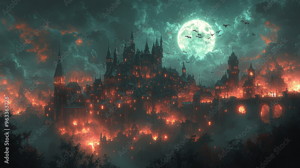 Fototapeta premium A dark castle under a full moon, silhouetted against a dramatic sky.