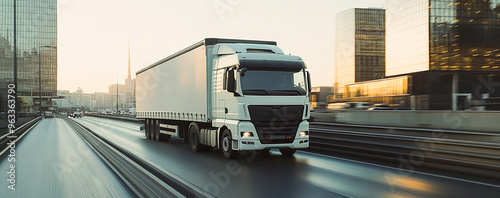 White truck on the highway in motion, blurred background of city buildings. High-speed driving concept with a moving truck and cargo trailer.