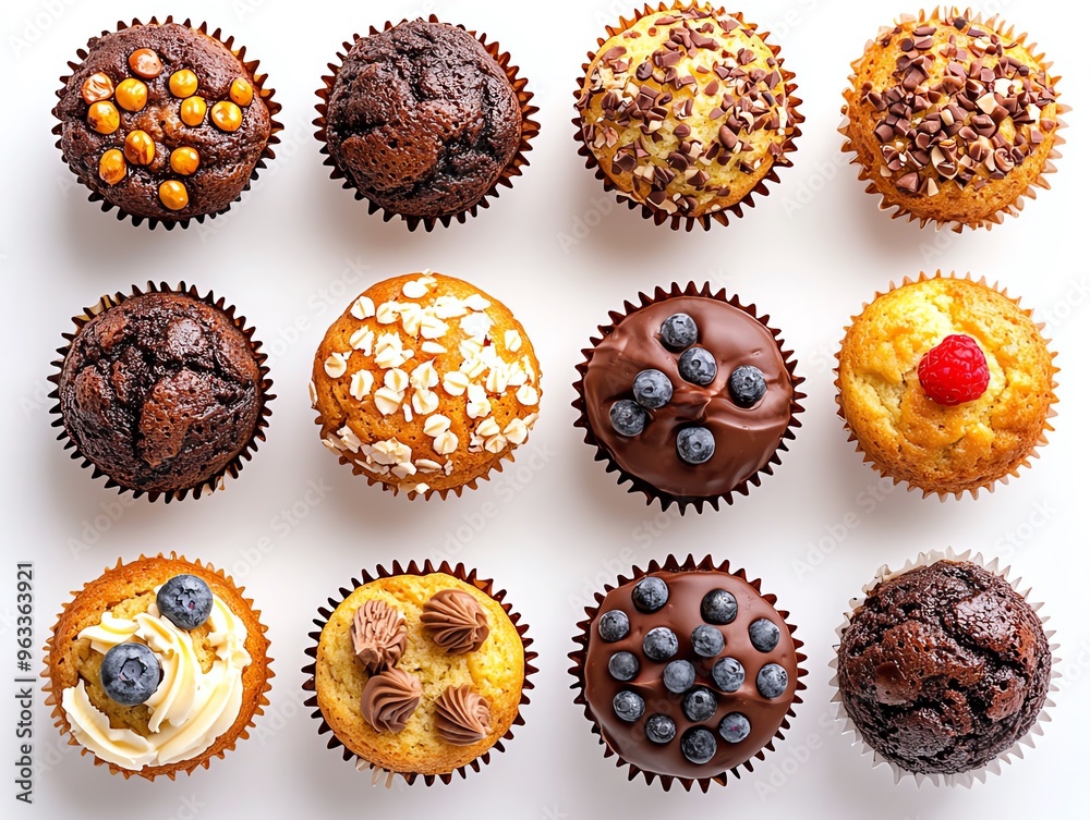 a whole view of multiple muffins on isolated white background, view from above, editorial photography a whole view of multiple muffins on isolated white background, view from above, editorial photography