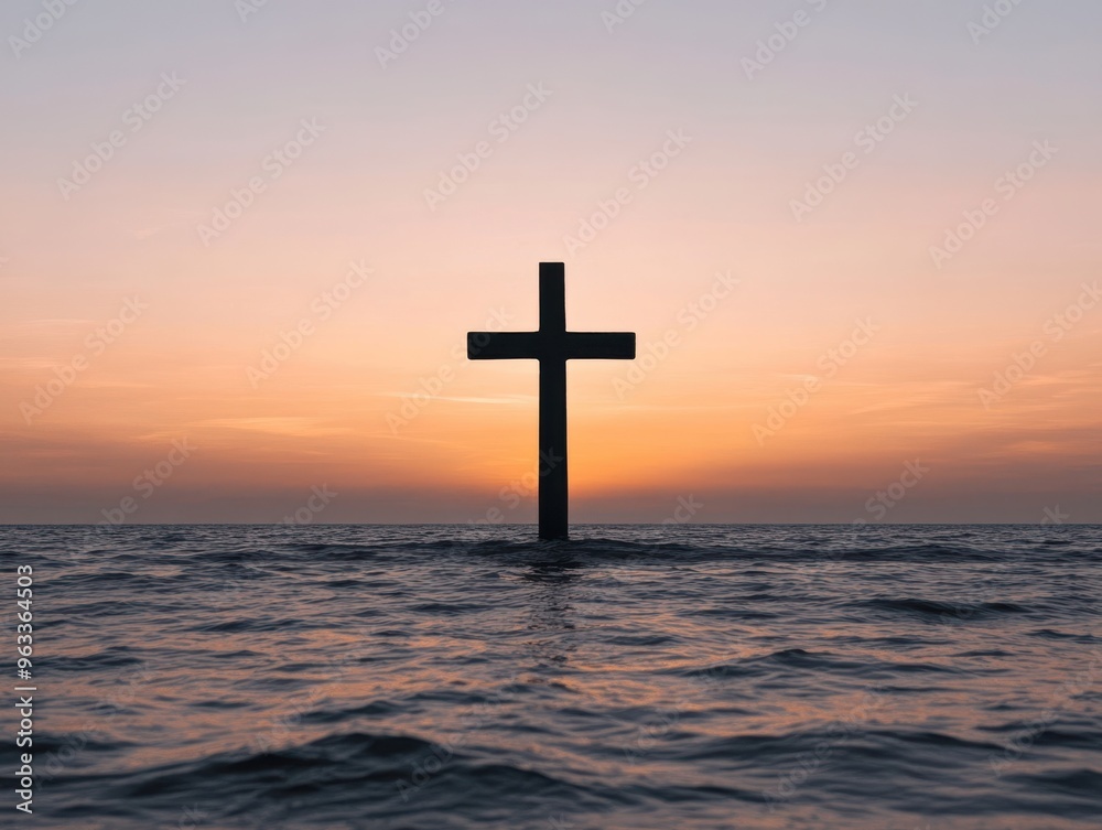 A serene sunset view featuring a silhouetted cross rising from the calm ocean waters, symbolizing hope and faith. A serene sunset view featuring a silhouetted cross rising from the calm ocean waters, symbolizing hope and faith.