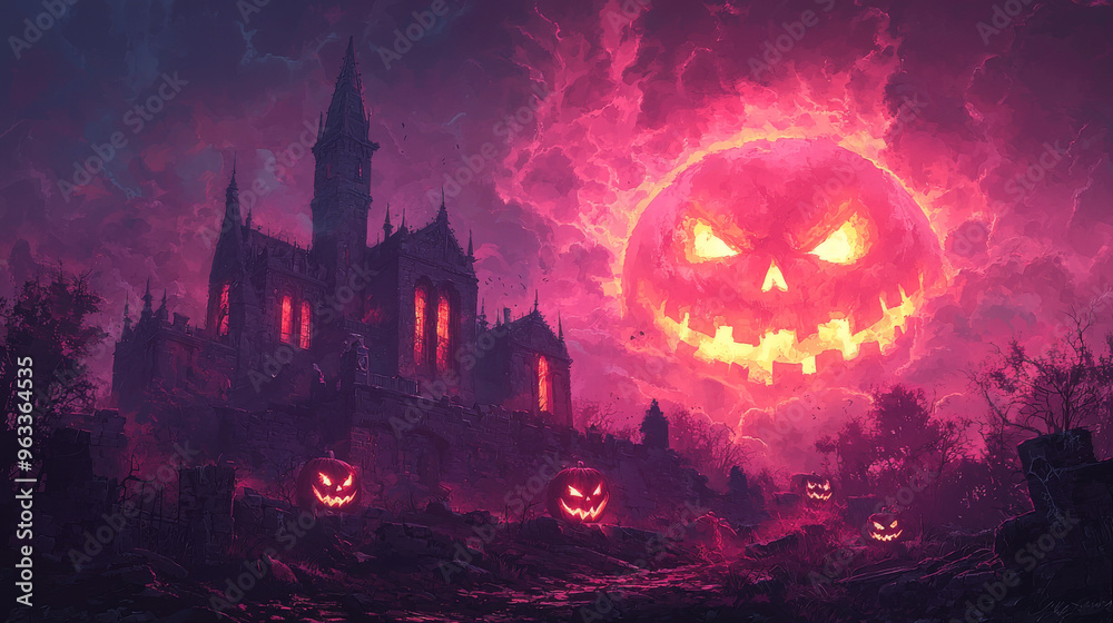 A spooky gothic castle sits under a giant jack-o'-lantern moon. A spooky gothic castle sits under a giant jack-o'-lantern moon.