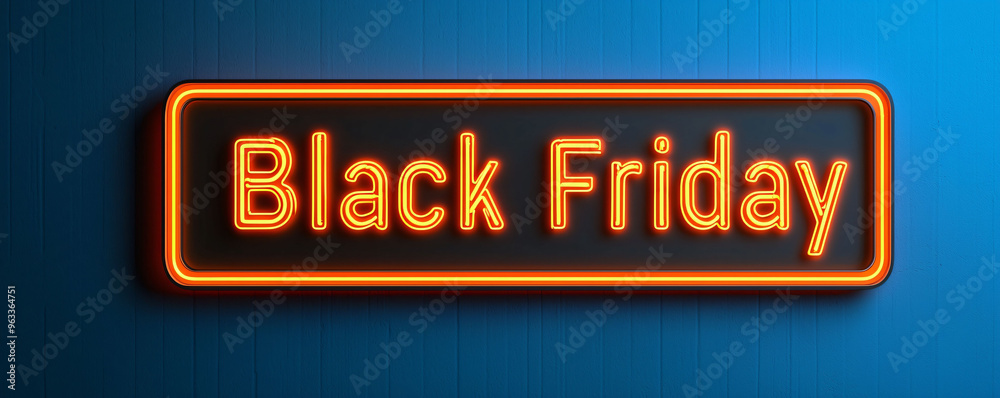 Bright neon sign displaying Black Friday against blue background, perfect for promotional events.