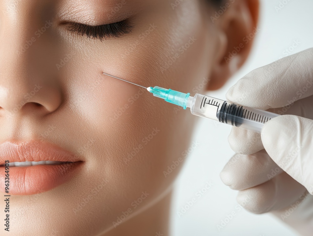 Close-up of a woman receiving a cosmetic injection, showcasing beauty and aesthetic treatments with focus on facial enhancement. Close-up of a woman receiving a cosmetic injection, showcasing beauty and aesthetic treatments with focus on facial enhancement.