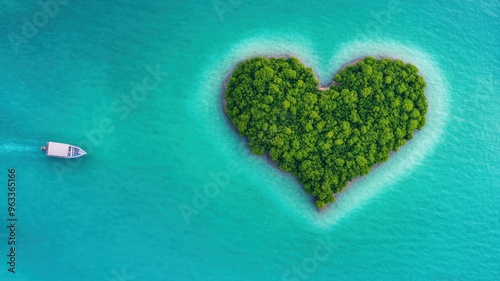 Aerial view of a heart-shaped island surrounded by turquoise water, showcasing nature's beauty and tranquility.