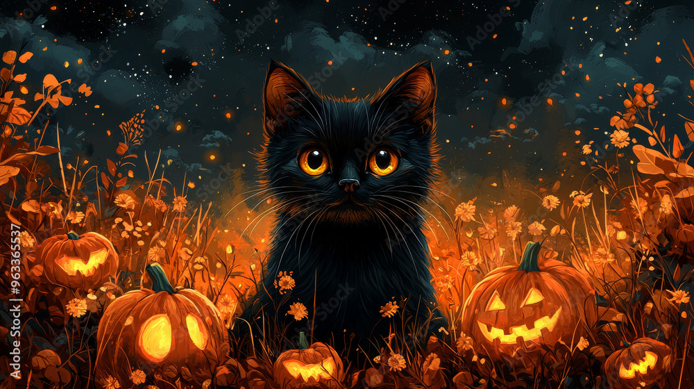 Black cat with glowing eyes stares at camera in a field of pumpkins. Black cat with glowing eyes stares at camera in a field of pumpkins.