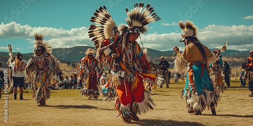 Two Native American men in traditional regalia dance in a field with a blue sky and fluffy white clouds.