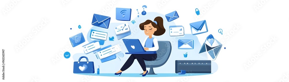 Woman Working on Laptop with Blue Email Icons Surrounding Her. Woman Working on Laptop with Blue Email Icons Surrounding Her.