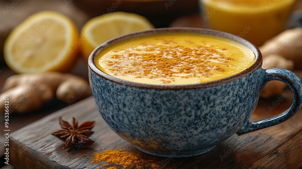 Close-up of a mug filled with golden milk, with fresh ginger, lemon slices and turmeric powder on a wooden table. Close-up of a mug filled with golden milk, with fresh ginger, lemon slices and turmeric powder on a wooden table.
