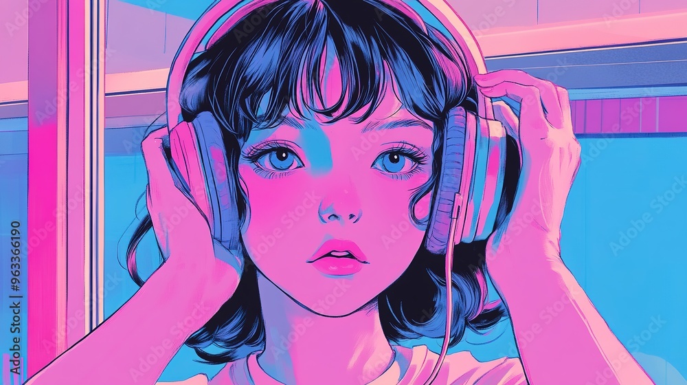 Anime Girl with Pink Headphones Looking Out of a Window in Cityscape 1980' Anime Girl with Pink Headphones Looking Out of a Window in Cityscape 1980'