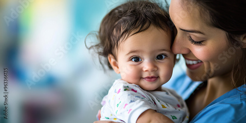 The Caring Nurse: A woman tenderly caressing an infant in a hospital setting.