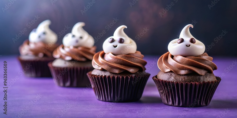 Chocolate cupcakes with ghost shaped frosting and eyes on purple background for spooky Halloween decorations Chocolate cupcakes with ghost shaped frosting and eyes on purple background for spooky Halloween decorations